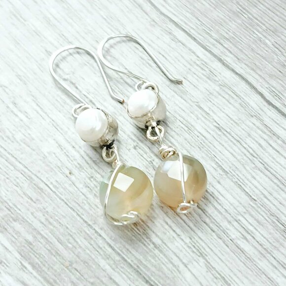 Freshwater Pearl & Faceted Agate Gemstone Dangle Earrings, Upcycled Artisan 2" - Picture 6 of 8